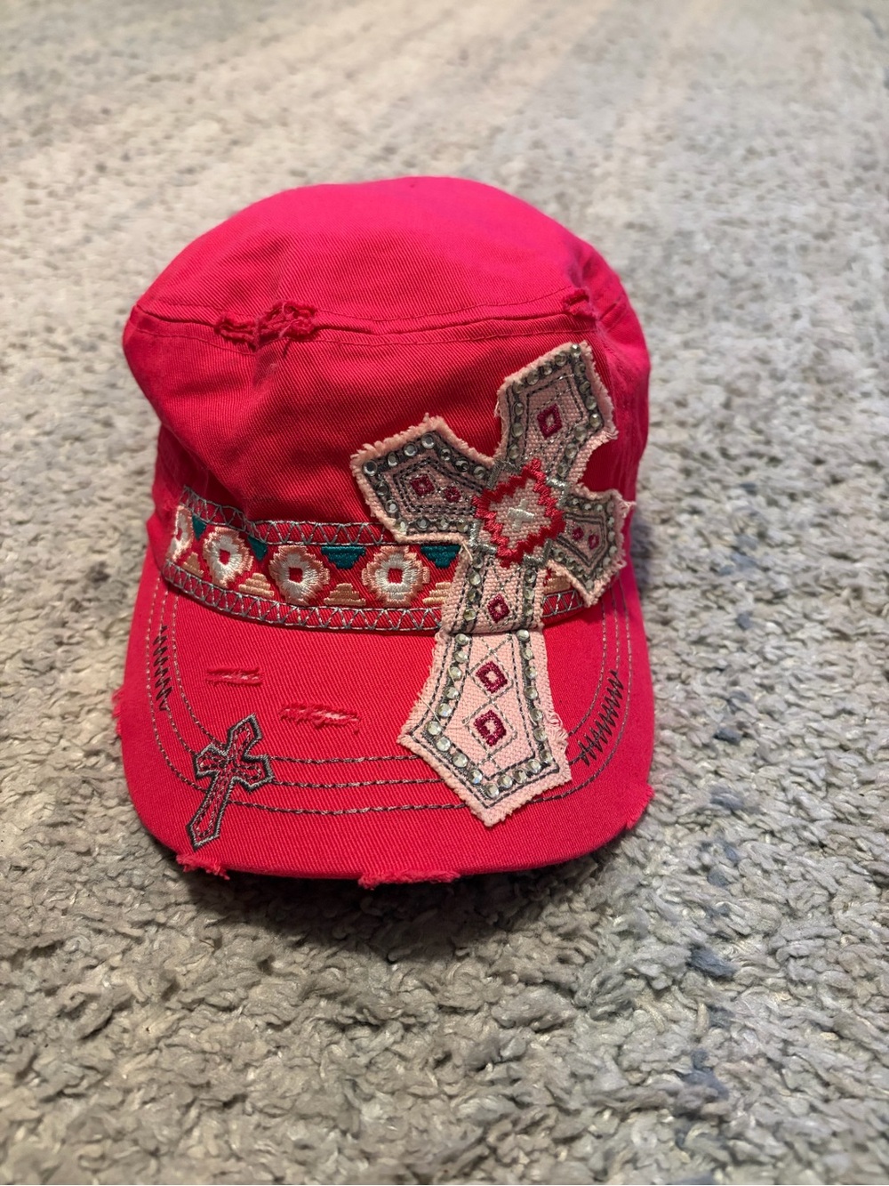 KBETHOS Distressed Hot Pink Cadet Cap - Rhinestone Cross Patch Western Y2K Hat⁠